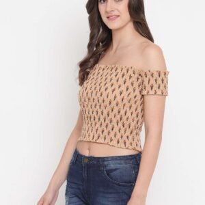 Women's Rayon Printed Off-Shoulder Smocked Crop Top Short Sleeve Casual Styles Tank Top (FREE SIZE) Multi41