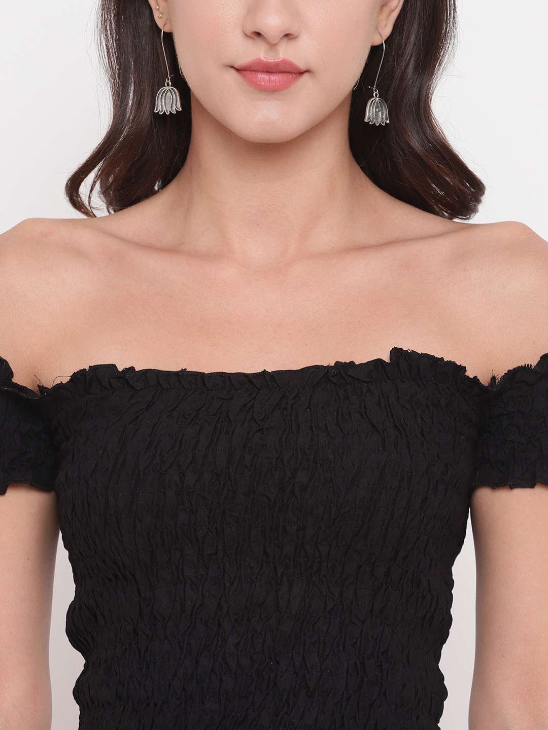 Women's Rayon Solid Off-Shoulder Smocked Crop Top Short Sleeve Casual Styles Tank Top (FREE SIZE) Multi18 - Image 4